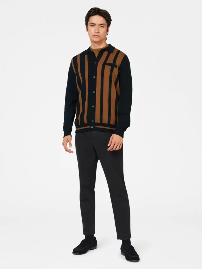 Men Ben Sherman Mod Knit Polos Button Through Stripe Knit Polo 8211 Black