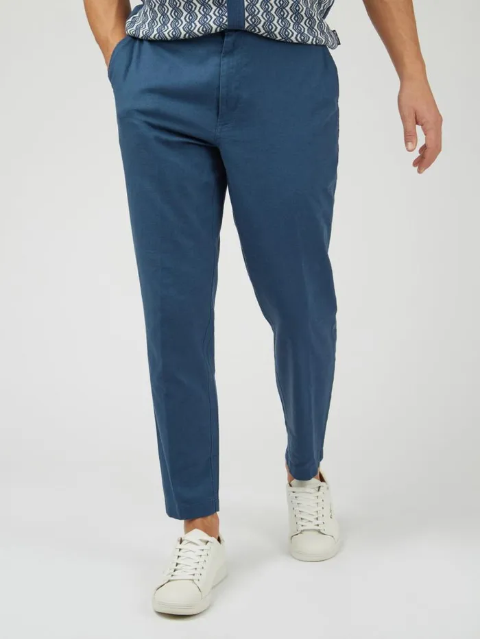 Men Ben Sherman Pants and Chinos Signature Slim Taper Linen Trousers 8211 Blue