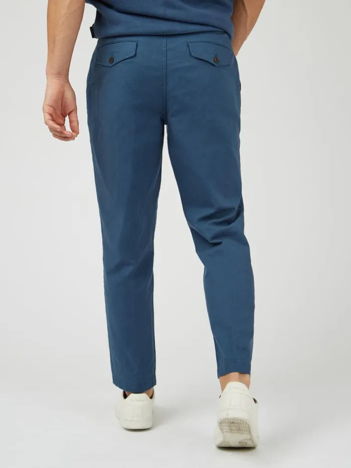 Men Ben Sherman Pants and Chinos Signature Slim Taper Linen Trousers 8211 Blue