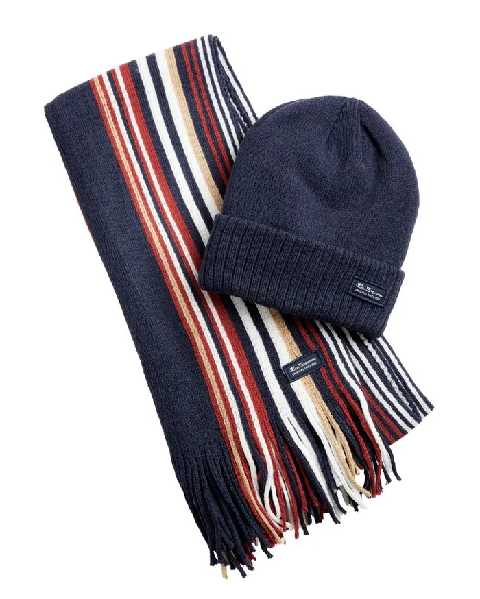 Men Ben Sherman Scarves and Cold Weather Rochelle Knit Scarf and Hat Set 8211 Navy BlazerCornstalkSunDried Tomato Men Ben Sherman Scarves and Cold Weather Rochelle Knit Scarf and Hat Set 8211 Navy BlazerCornstalkSunDried Tomato