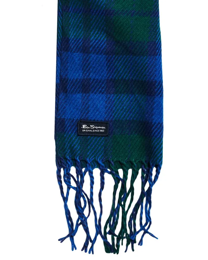 Men Ben Sherman Scarves and Cold Weather Woven Plaid Scarf 8211 Rain ForestTrue Blue