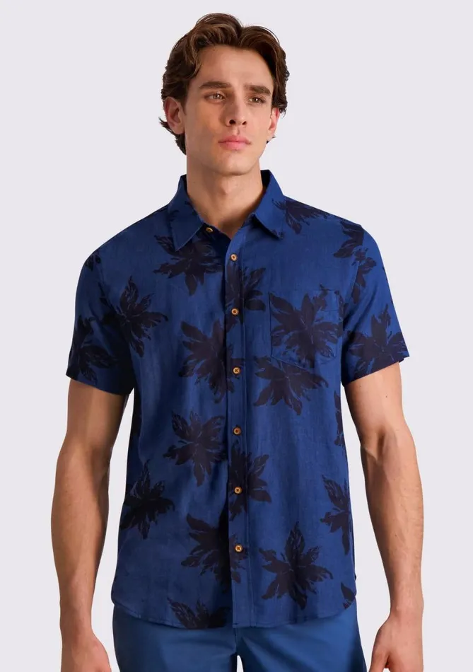 Men Ben Sherman Short Sleeve Shirts Exploded Flower Print Shirt 8211 Navy
