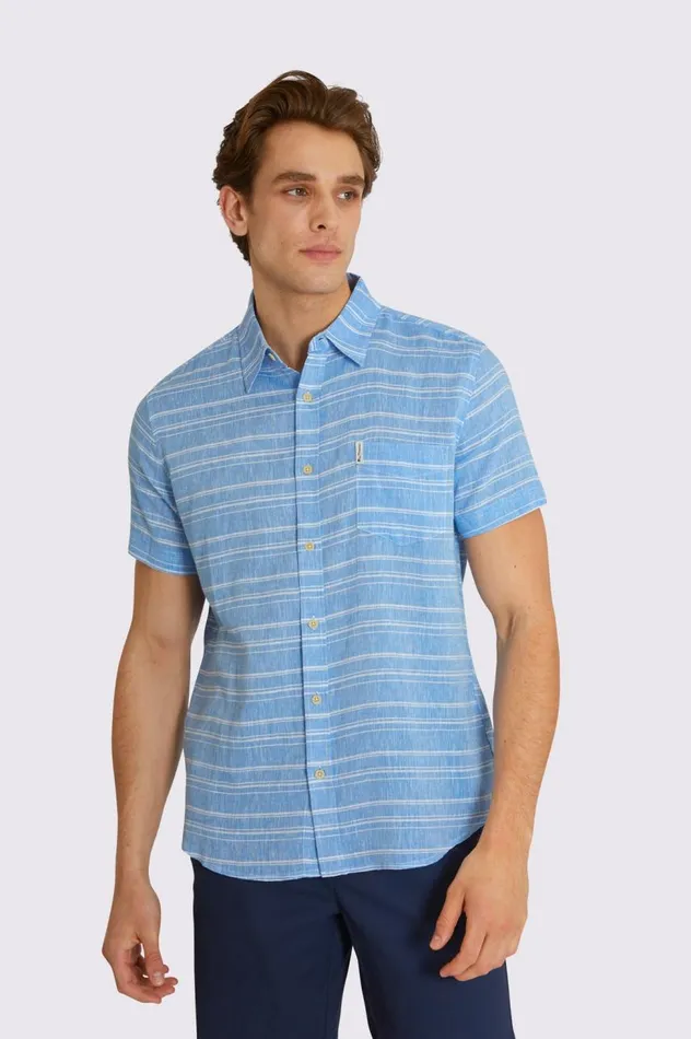 Men Ben Sherman Short Sleeve Shirts Linen Striped ShortSleeve Shirt