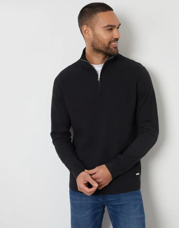 Men Black Basket Stitch Mock TShirt Quarter Zip Jumper Threadbare Jumpers