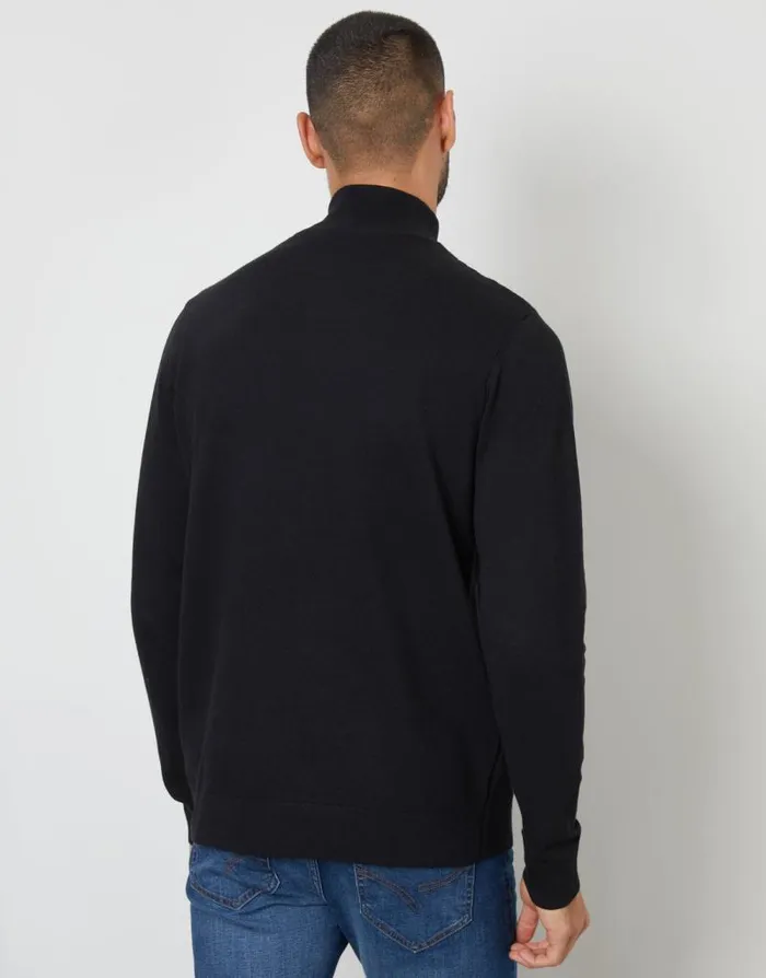 Men Black Basket Stitch Mock TShirt Quarter Zip Jumper Threadbare Jumpers