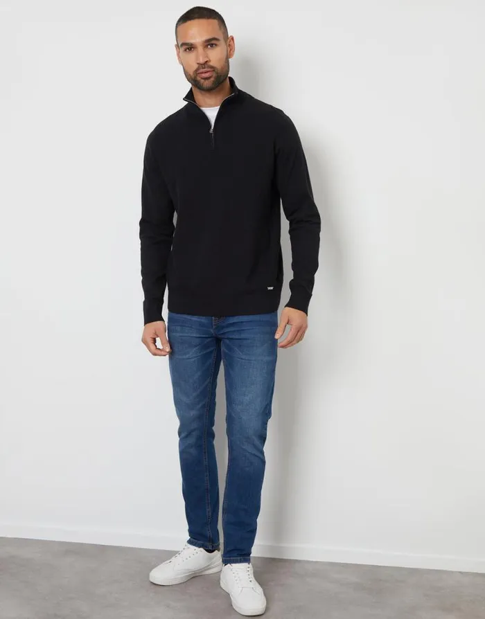 Men Black Basket Stitch Mock TShirt Quarter Zip Jumper Threadbare Jumpers