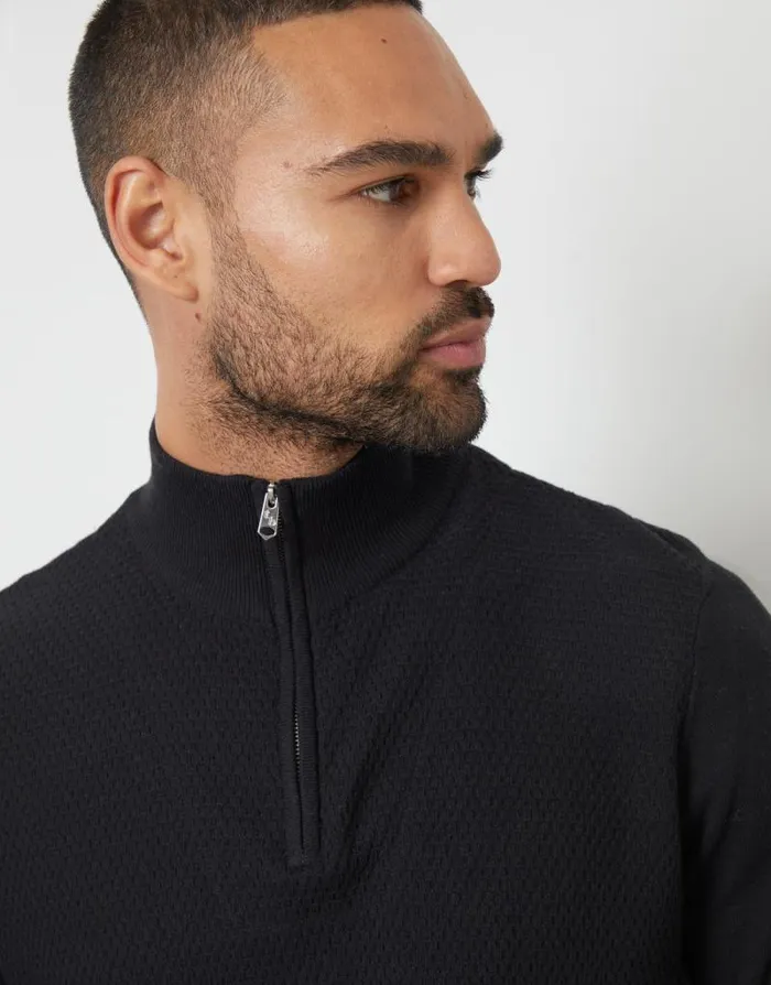 Men Black Basket Stitch Mock TShirt Quarter Zip Jumper Threadbare Jumpers
