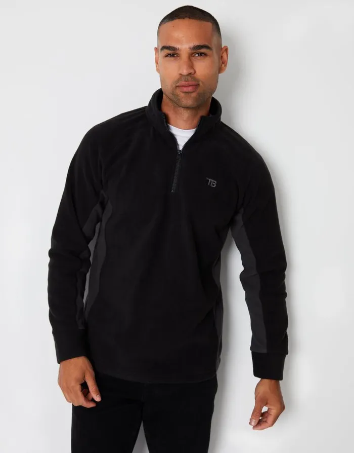 Men Black Contrast Side Panel Quarter Zip Fleece Threadbare Quarter Zips