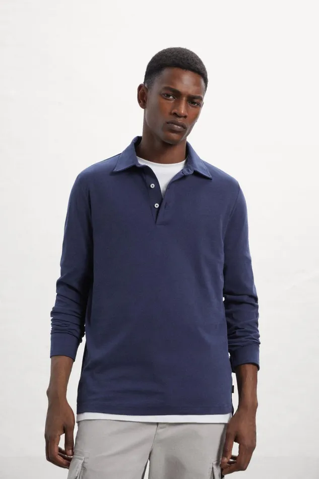 Men Blue Nico LongSleeved Polo Shirt Ecoalf Polos