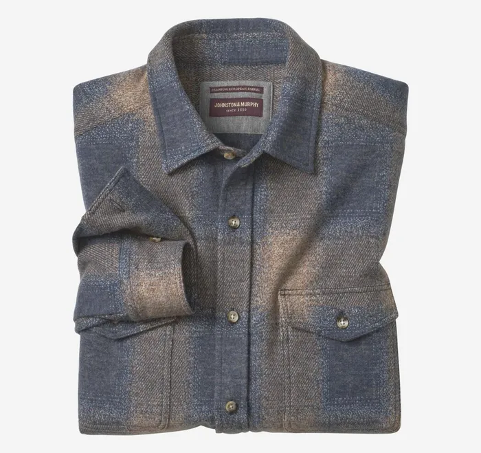 Men Brushed ButtonFront Knit Brown Boxed Plaid JohnstonandMurphy Shirts