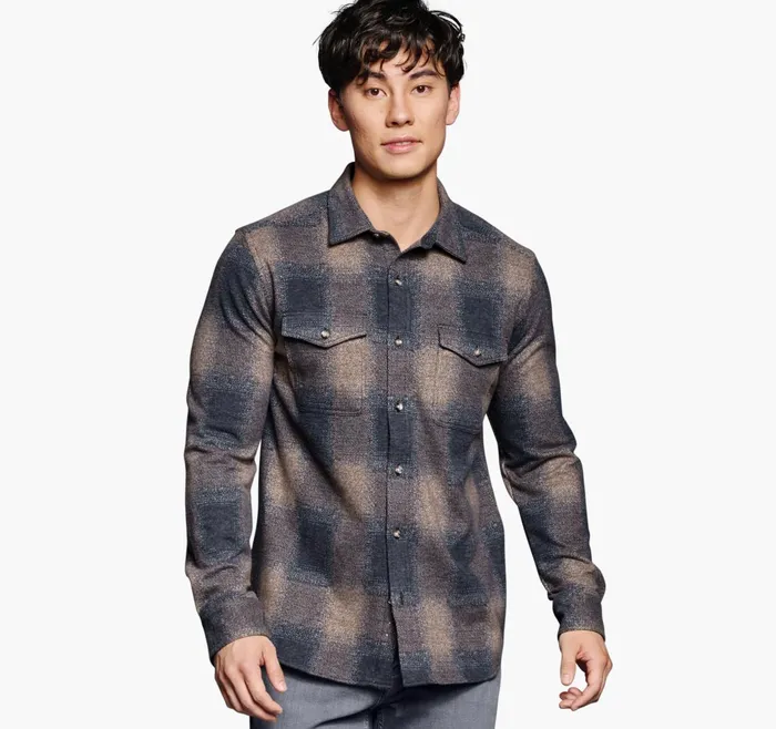 Men Brushed ButtonFront Knit Brown Boxed Plaid JohnstonandMurphy Shirts Men Brushed ButtonFront Knit Brown Boxed Plaid JohnstonandMurphy Shirts