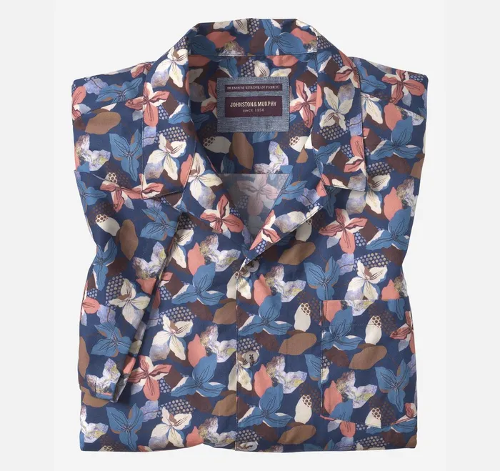 Men Camp Shirt Navy Abstract Floral JohnstonandMurphy ShortSleeve Shirts