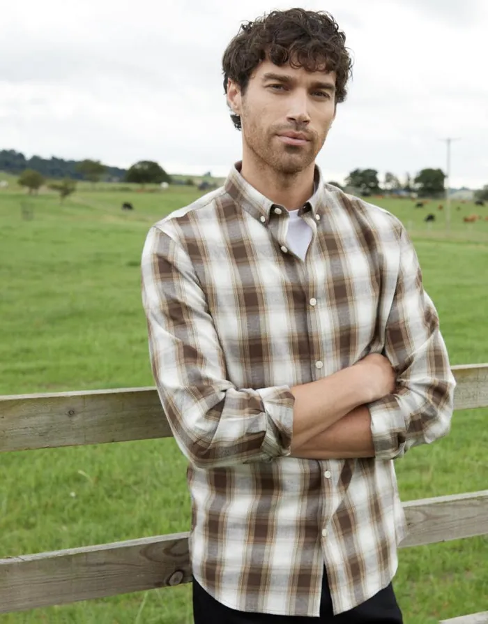 Men Chocolate Flannel Check Long Sleeve Shirt Threadbare Shirts