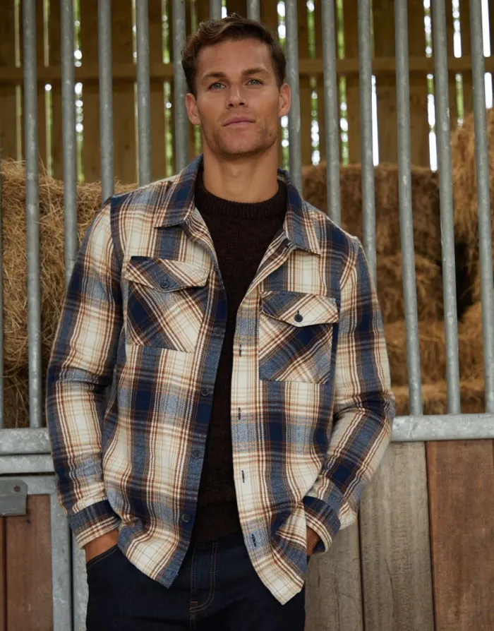 Men Cream Check Heavy Brushed Button Up Shacket Threadbare Shirts