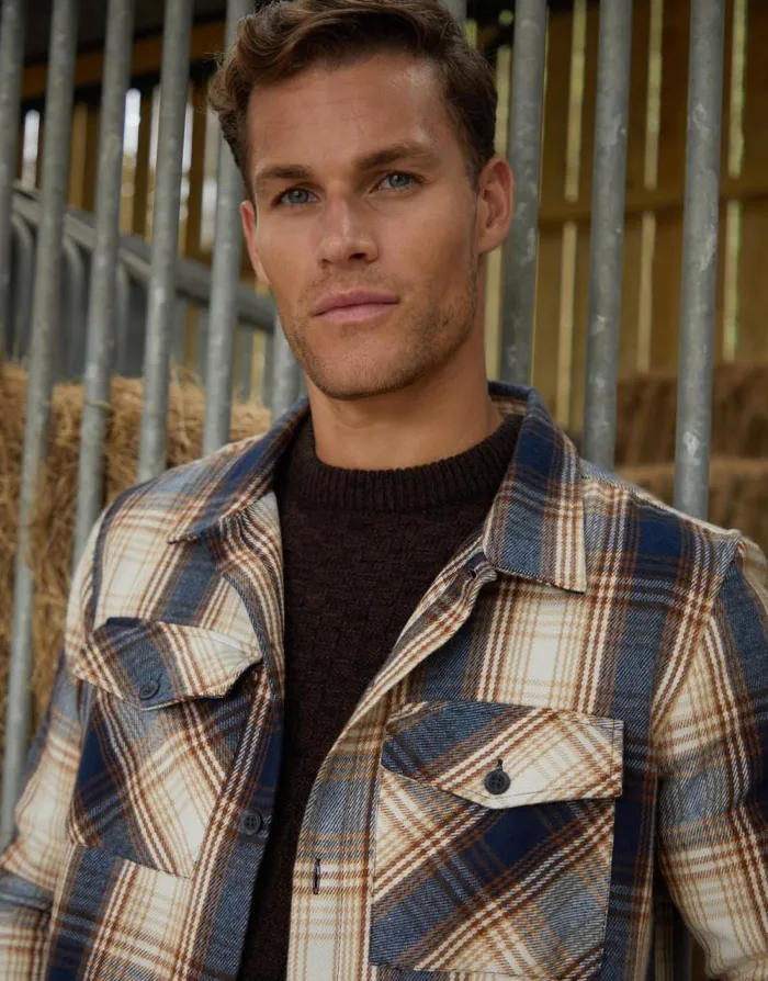 Men Cream Check Heavy Brushed Button Up Shacket Threadbare Shirts Men Cream Check Heavy Brushed Button Up Shacket Threadbare Shirts