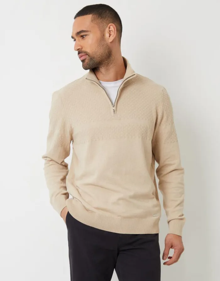 Men Ecru Basket Stitch Detail Knitted Quarter Zip Jumper Threadbare Jumpers