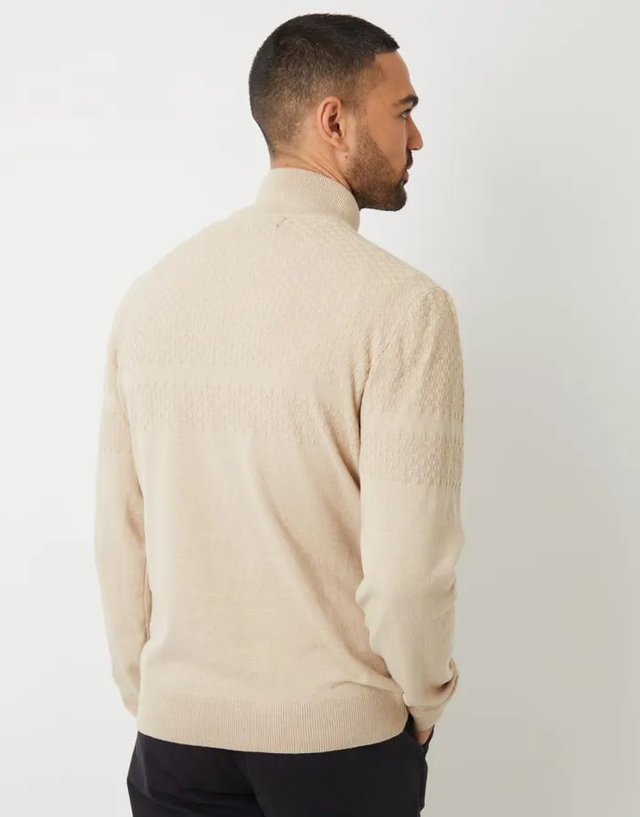 Men Ecru Basket Stitch Detail Knitted Quarter Zip Jumper Threadbare Jumpers