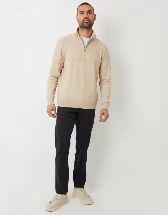 Men Ecru Basket Stitch Detail Knitted Quarter Zip Jumper Threadbare Jumpers