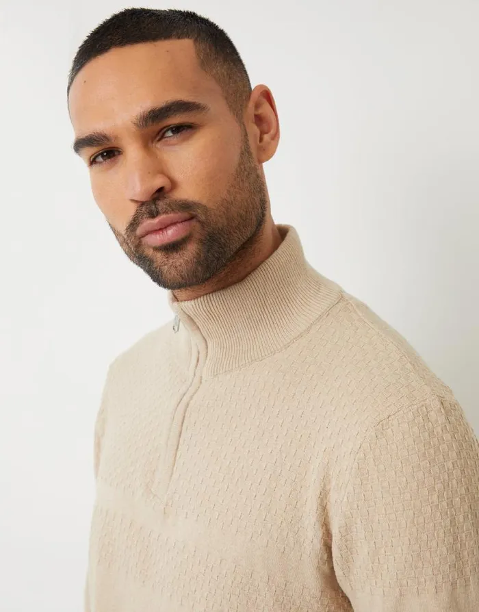 Men Ecru Basket Stitch Detail Knitted Quarter Zip Jumper Threadbare Jumpers