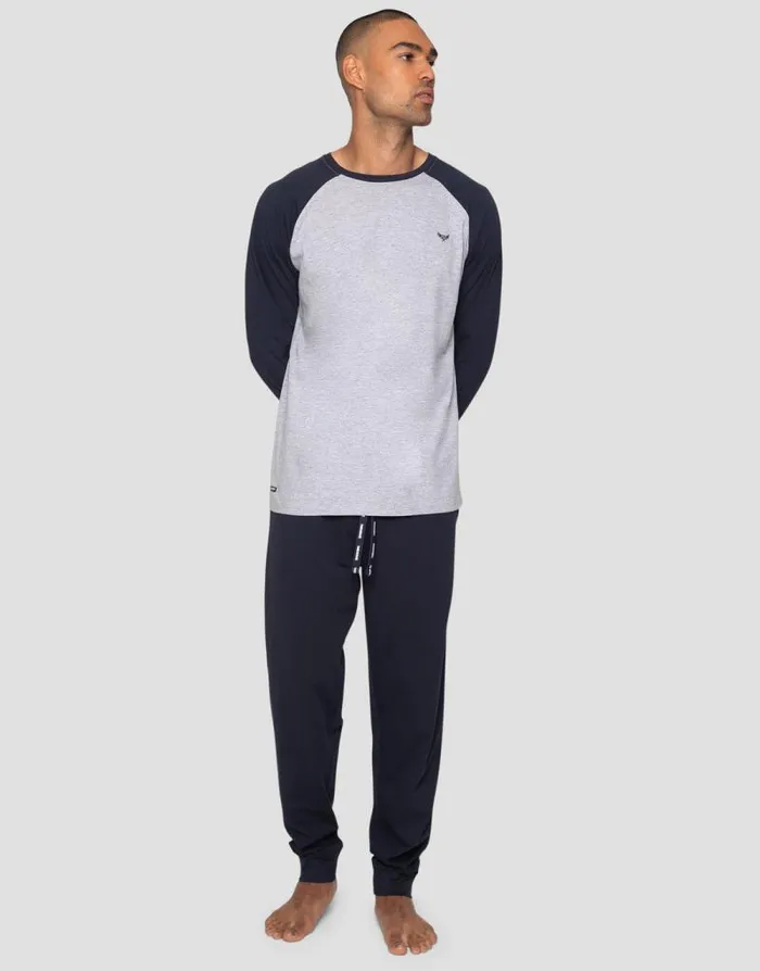 Men Grey and Navy Raglan Sleeve Pyjamas 2Piece Set Threadbare Pyjamas