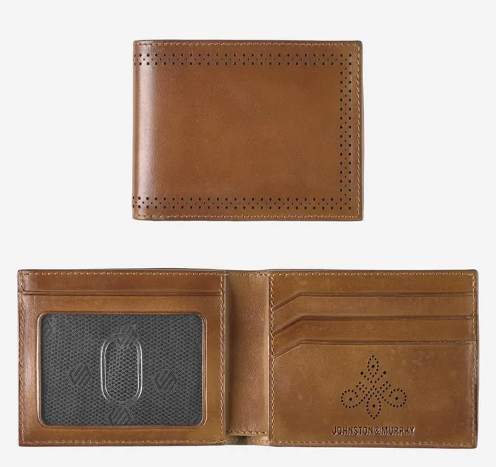 Men Hudson Perforated Billfold Brown Burnished JohnstonandMurphy Wallets