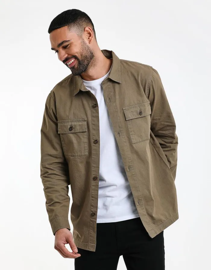 Men Khaki Lightweight Shacket Threadbare Shirts