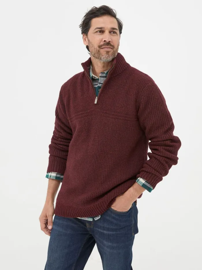 Men Knitwear Fat Face Calder Burgundy Red Half Neck Jumper