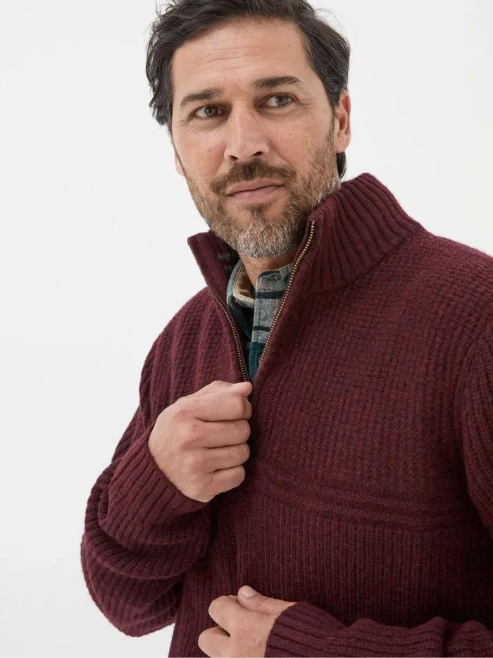 Men Knitwear Fat Face Calder Burgundy Red Half Neck Jumper