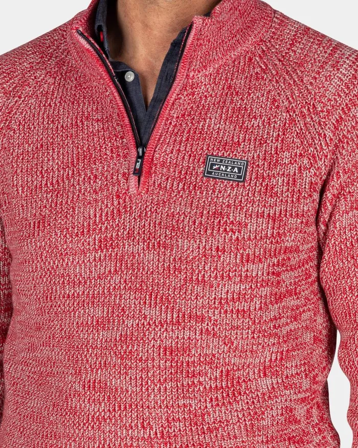 Men Knitwear NZA New Zealand Auckland Gray Cotton Sweater With HalfZip 8211 Reef Red