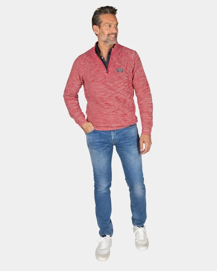 Men Knitwear NZA New Zealand Auckland Gray Cotton Sweater With HalfZip 8211 Reef Red