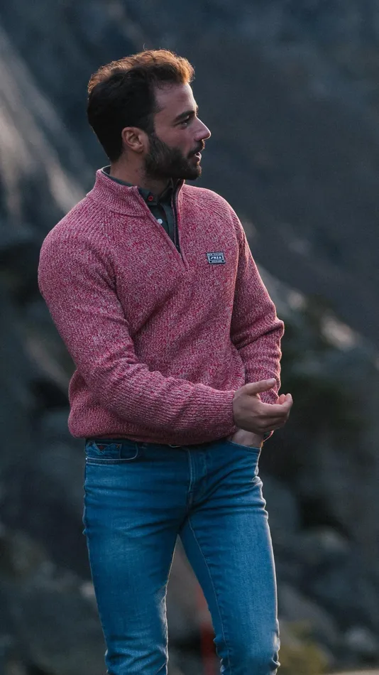 Men Knitwear NZA New Zealand Auckland Gray Cotton Sweater With HalfZip 8211 Reef Red