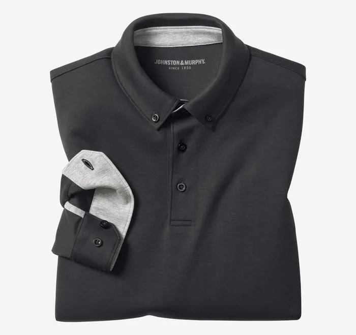 Men Liquid Cotton LongSleeve Polo Black JohnstonandMurphy Polos and Tees