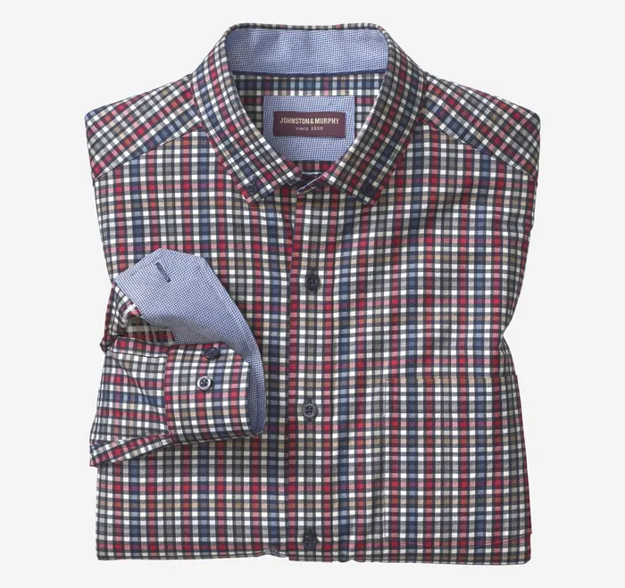 Men LongSleeve Twill Checked Shirt Berryblue Outlined Check JohnstonandMurphy Shirts Men LongSleeve Twill Checked Shirt Berryblue Outlined Check JohnstonandMurphy Shirts