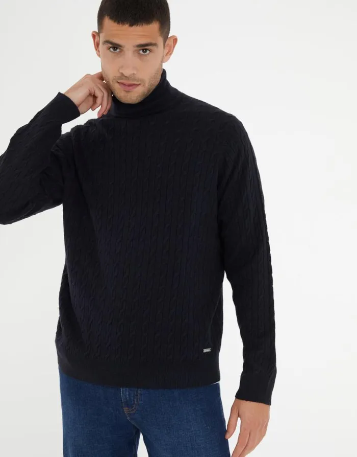 Men Navy Cable Knit Roll Neck Jumper Threadbare Jumpers