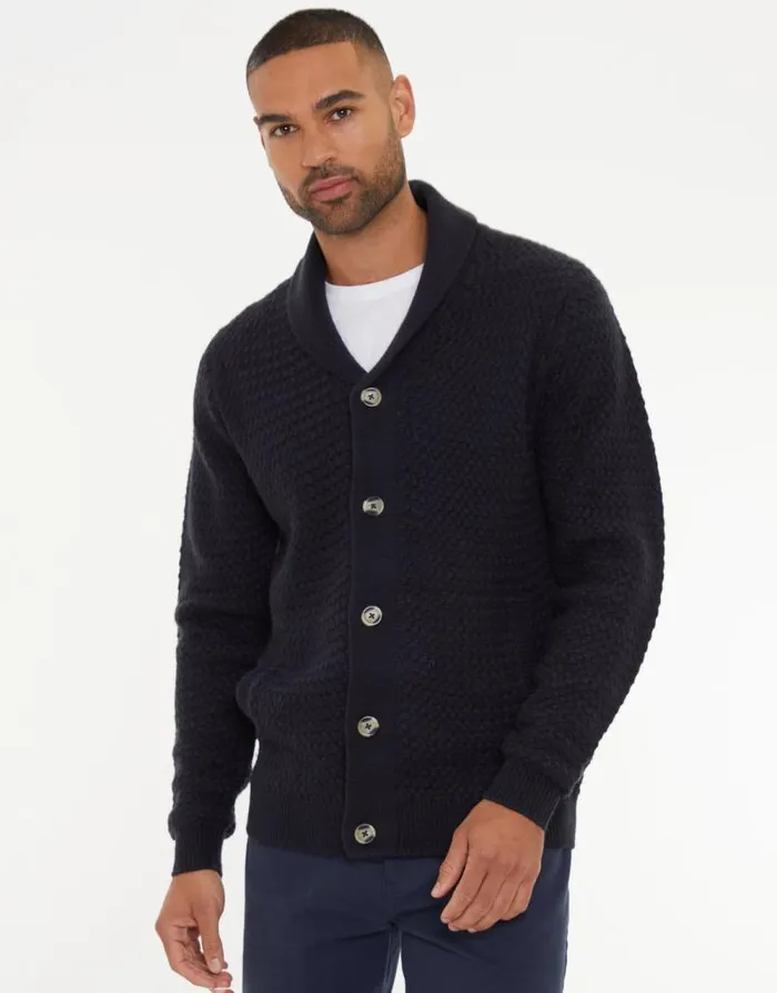 Men Navy Knitted Shawl Cardigan Threadbare Cardigans