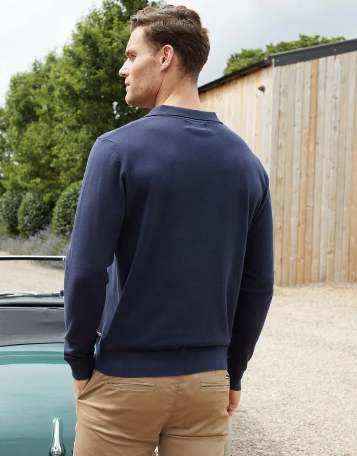 Men Navy Trophy Neck Knitted Long Sleeve Polo Threadbare Polo Shirts Men Navy Trophy Neck Knitted Long Sleeve Polo Threadbare Polo Shirts