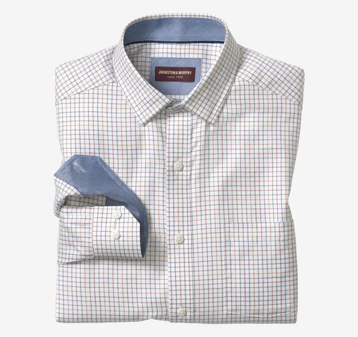 Men Premium Cotton Shirts White Multi Small Outline Grid JohnstonandMurphy Shirts Men Premium Cotton Shirts White Multi Small Outline Grid JohnstonandMurphy Shirts