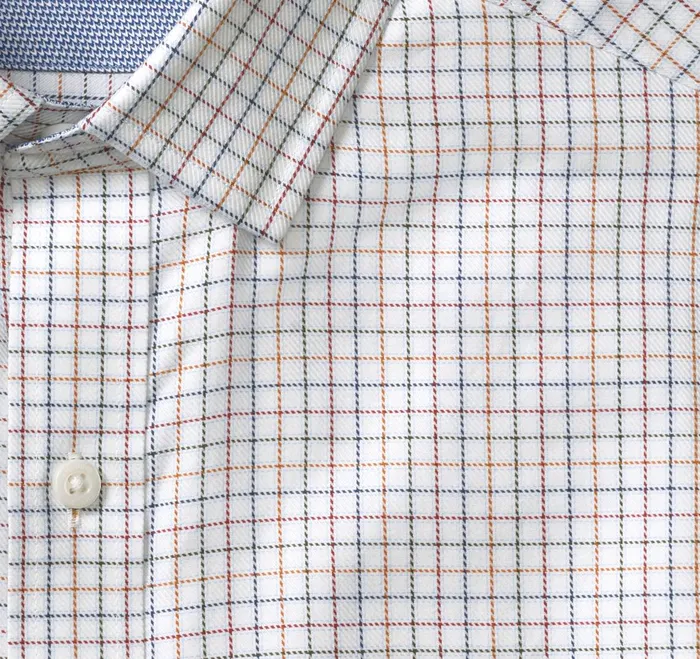Men Premium Cotton Shirts White Multi Small Outline Grid JohnstonandMurphy Shirts