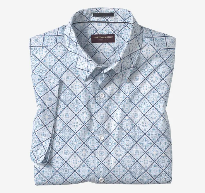 Men Print Camp Shirt Bluewhite Mosaic JohnstonandMurphy ShortSleeve Shirts