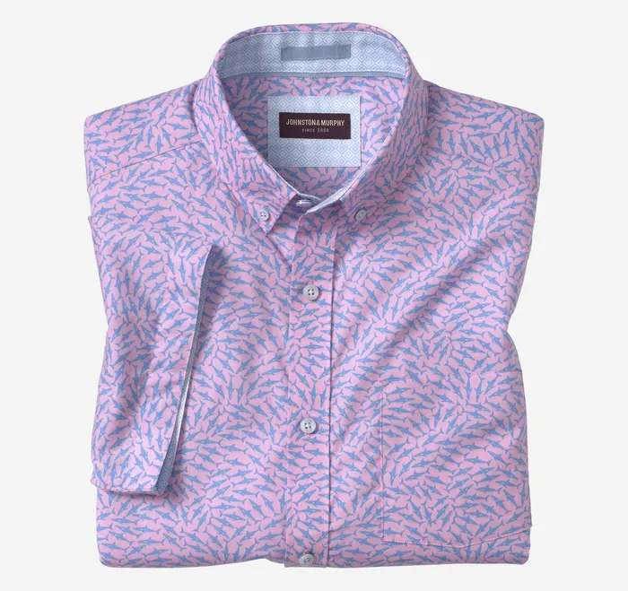 Men Printed Cotton ShortSleeve Shirt Pink Swarming Shark JohnstonandMurphy ShortSleeve Shirts Men Printed Cotton ShortSleeve Shirt Pink Swarming Shark JohnstonandMurphy ShortSleeve Shirts