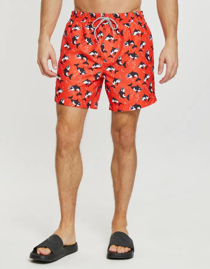 Men Red Killer Whale Print Swim Shorts Threadbare Swim Shorts