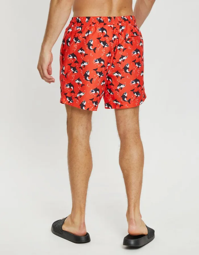 Men Red Killer Whale Print Swim Shorts Threadbare Swim Shorts