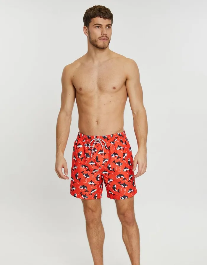 Men Red Killer Whale Print Swim Shorts Threadbare Swim Shorts