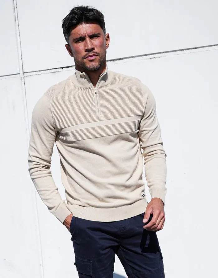 Men Stone Rib Detail Knitted Quarter Zip Jumper Threadbare Jumpers