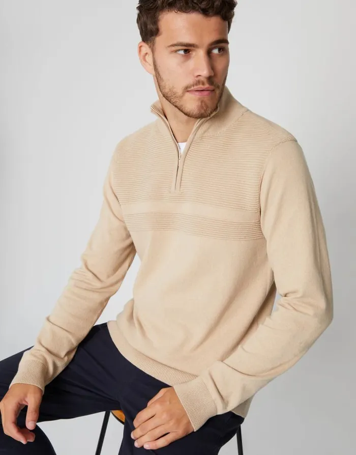 Men Stone Rib Detail Knitted Quarter Zip Jumper Threadbare Jumpers Men Stone Rib Detail Knitted Quarter Zip Jumper Threadbare Jumpers
