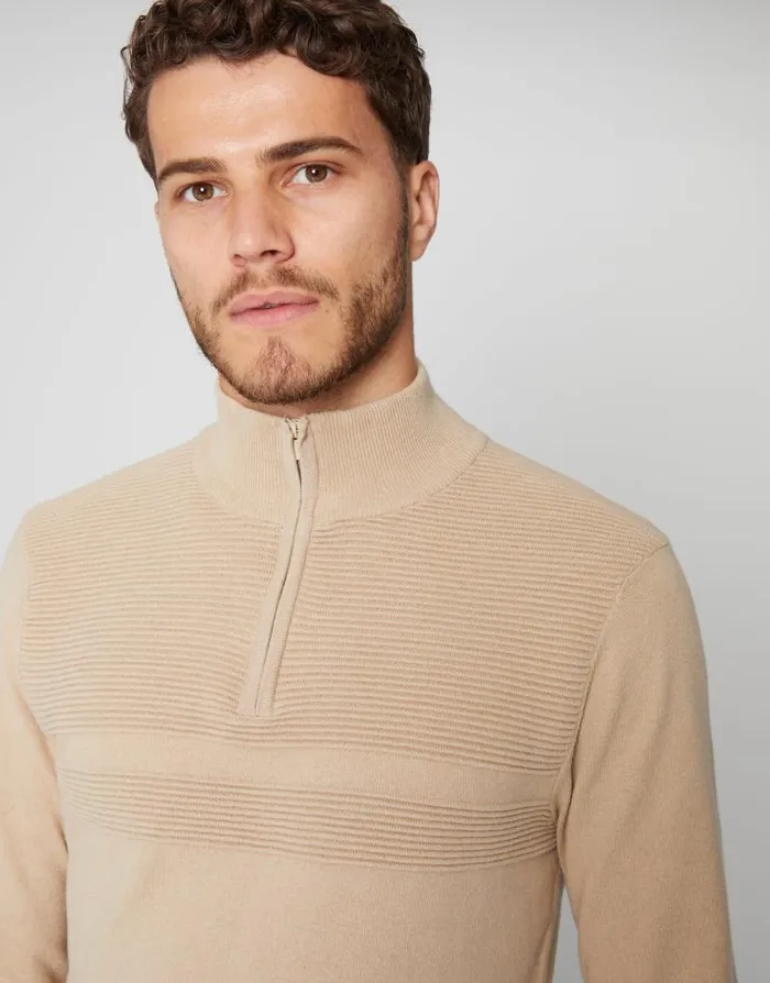 Men Stone Rib Detail Knitted Quarter Zip Jumper Threadbare Jumpers Men Stone Rib Detail Knitted Quarter Zip Jumper Threadbare Jumpers