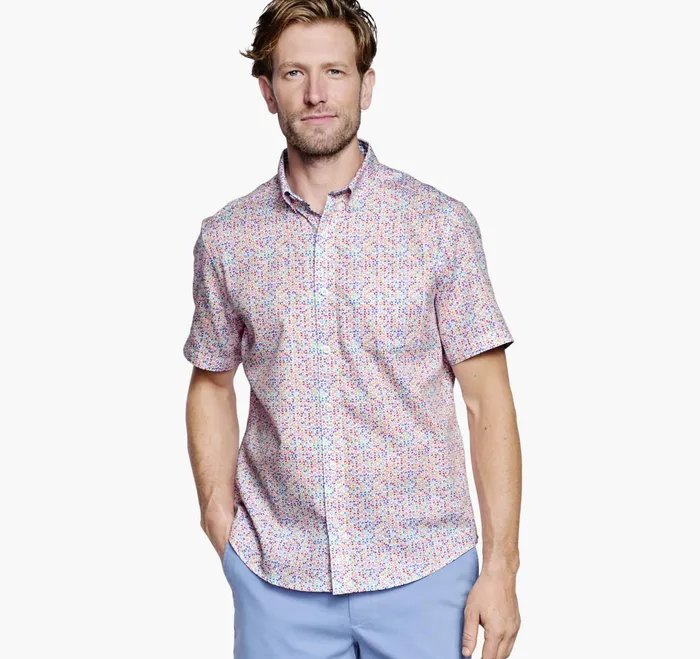 Men Textured Cotton ShortSleeve Shirt White Multi Geo Petal JohnstonandMurphy ShortSleeve Shirts Men Textured Cotton ShortSleeve Shirt White Multi Geo Petal JohnstonandMurphy ShortSleeve Shirts