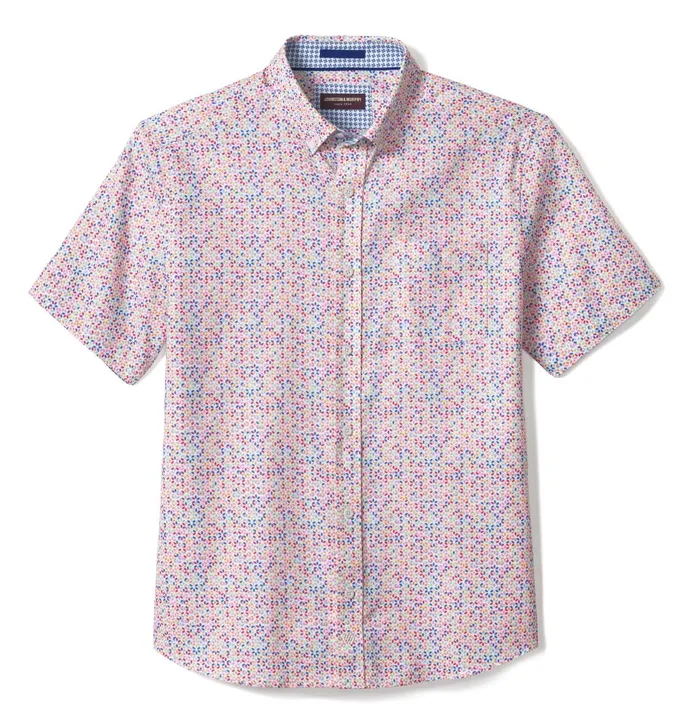 Men Textured Cotton ShortSleeve Shirt White Multi Geo Petal JohnstonandMurphy ShortSleeve Shirts Men Textured Cotton ShortSleeve Shirt White Multi Geo Petal JohnstonandMurphy ShortSleeve Shirts