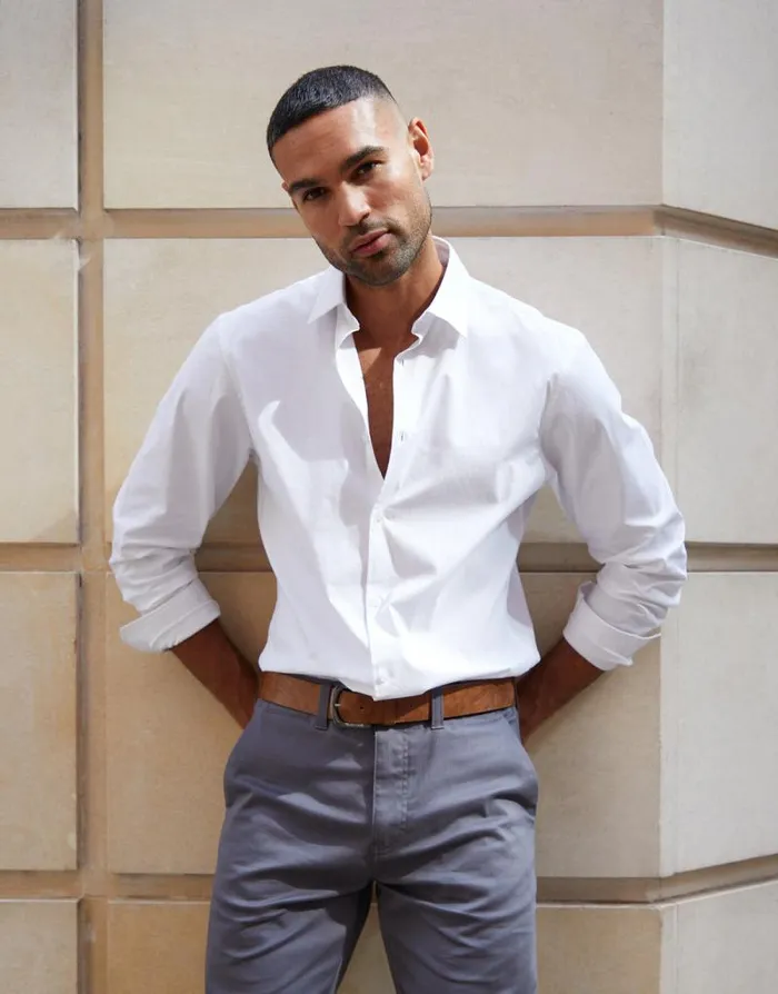 Men White Stretch Cotton Poplin Slim Fit Long Sleeve Shirt Threadbare Shirts