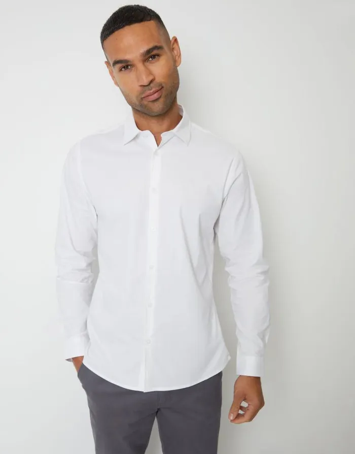 Men White Stretch Cotton Poplin Slim Fit Long Sleeve Shirt Threadbare Shirts